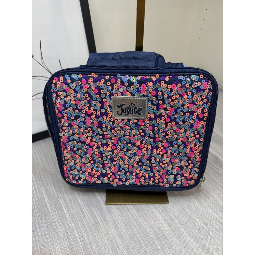 Y2k Justice Rainbow Pink Teal Silver Glitter  Sequin Lunch Box Tote Girl